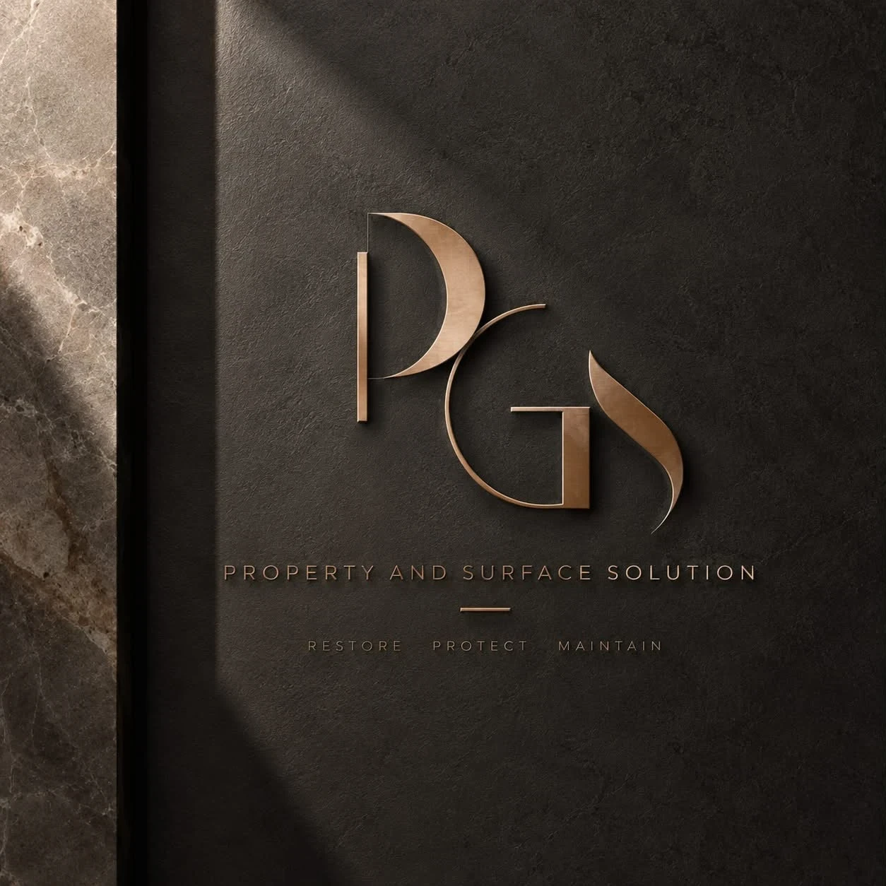 PGS Property and Surface Solution logo in copper on a dark plaster wall beside marble